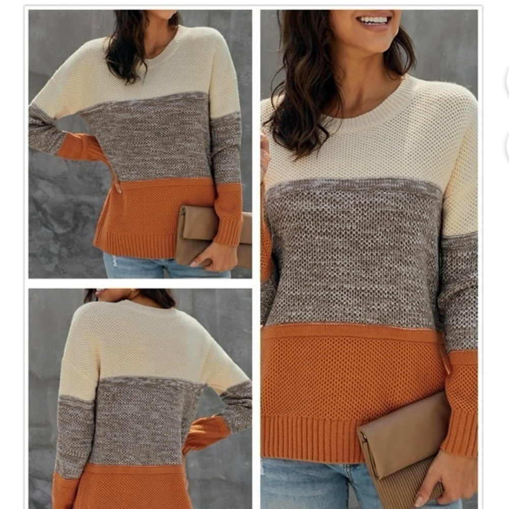 Fall Color Block women's XL Earthy colors long sleeve crew neck knit sweater - Picture 3 of 8